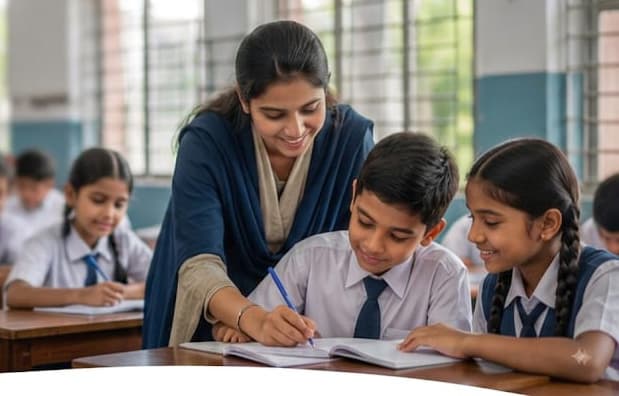 Teacher helping students with schoolwork