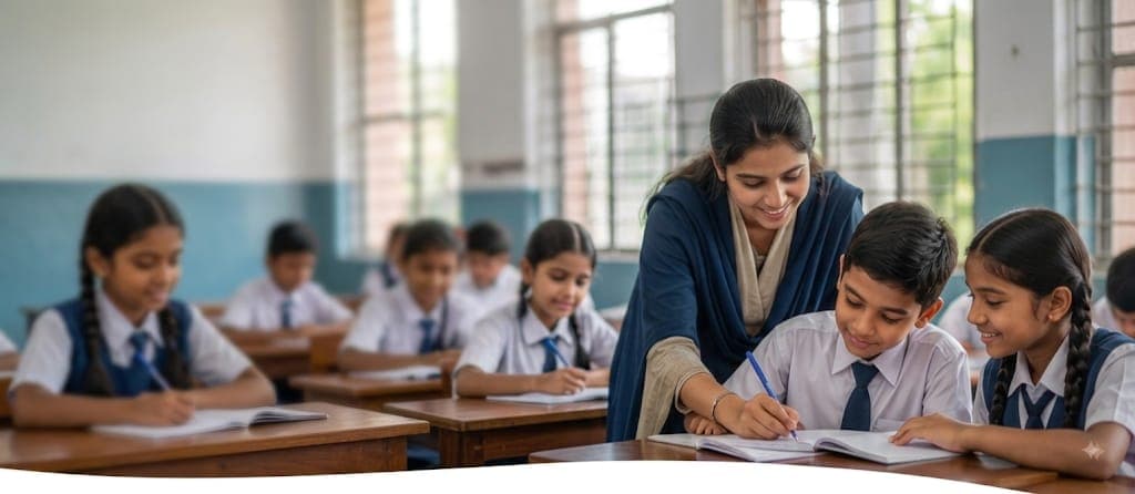 Students in a classroom, dimmed navy overlay