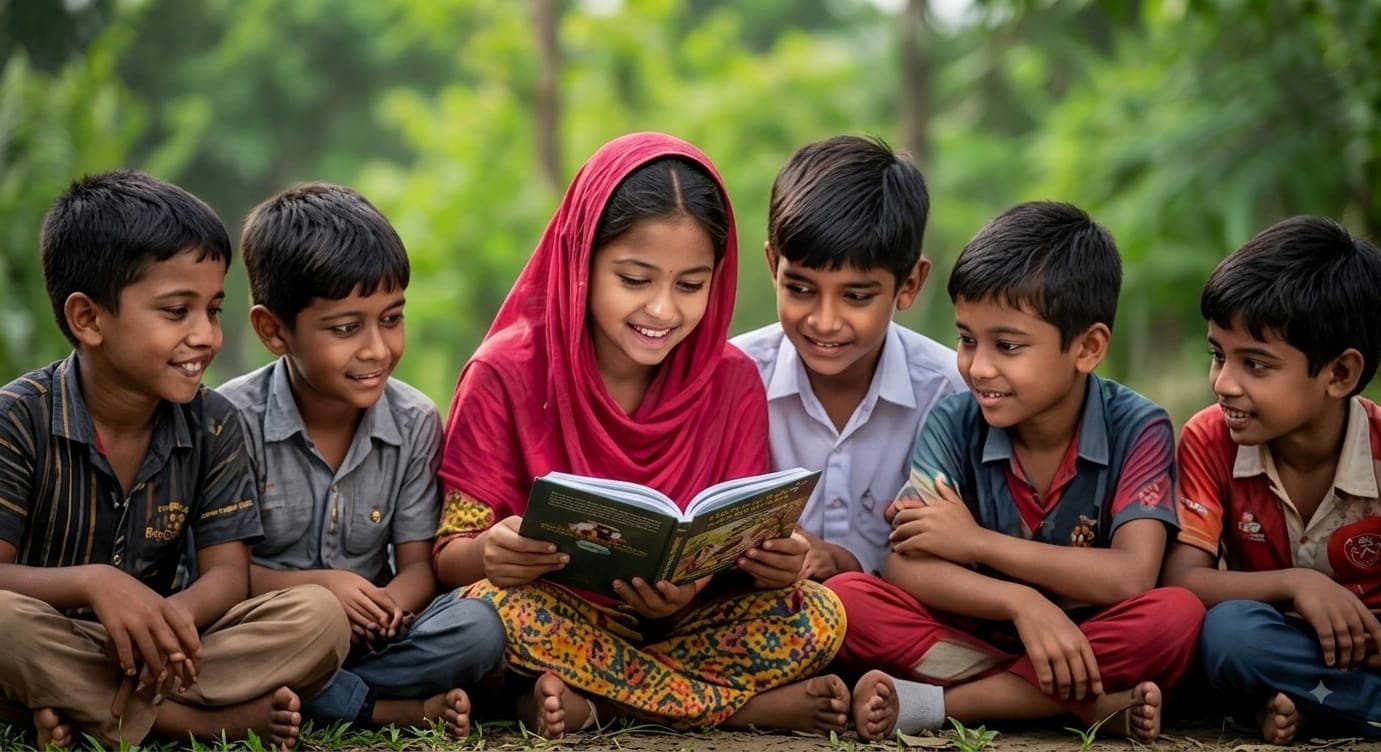 Photo — children reading together outdoors