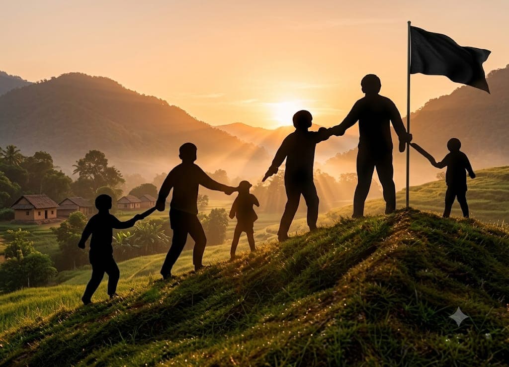 Silhouettes on a hill with a flag