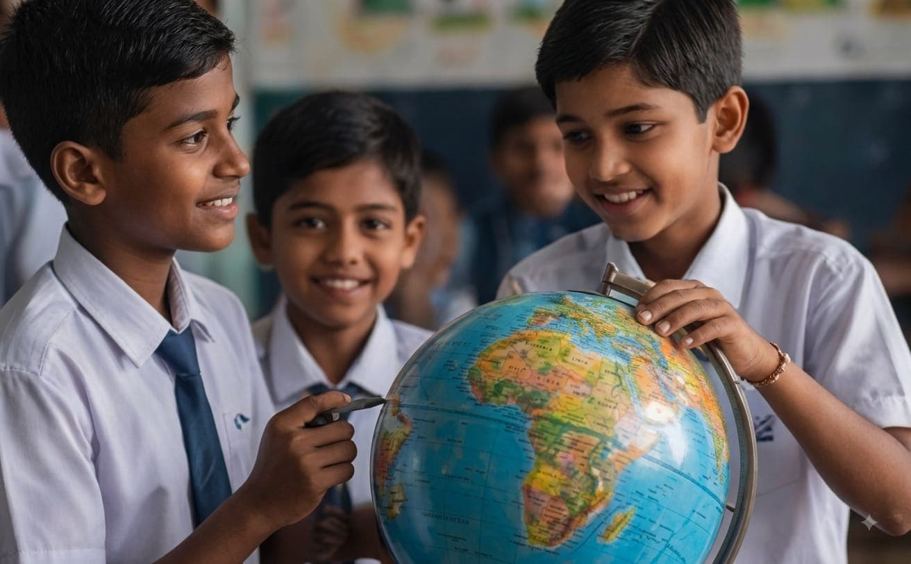 Students exploring a globe