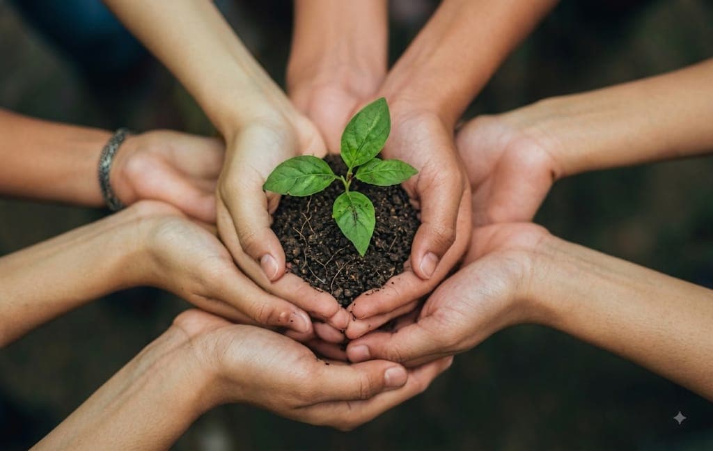 Photo — hands holding a seedling and soil