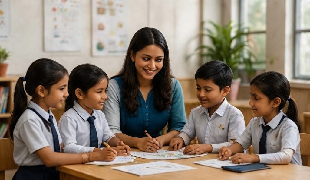 Photo — teacher with students at a classroom table